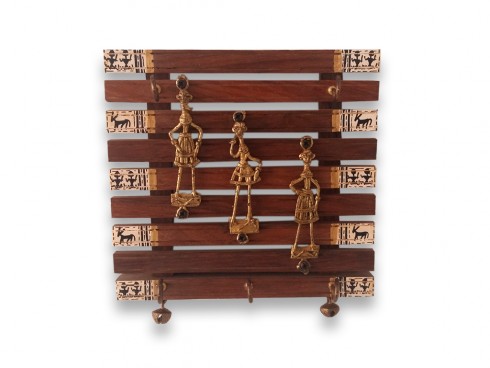 Wooden Wall Decoration Antique Square Key Hook with Madhubani Art