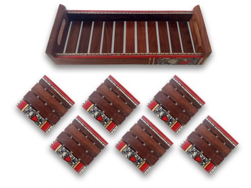 Wooden Slots Tray with Warli Art(6 Plate Set)~Large