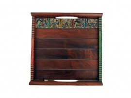 Shesham Wood Tray with Warli Art (Set of 2) - Dark Brown - Small