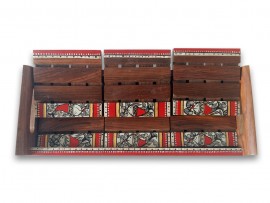 Wooden Slots Tray with Warli Art(6 Plate Set)~Large
